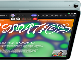 iPad Air, Blue color, top exterior, screen showing Keynote app on screen sharing feature during FaceTime video call, back exterior, 12MP Wide back camera, volume-up button, volume-down button
