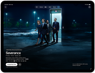 iPad Air, front exterior, screen displays Severance on Apple TV app