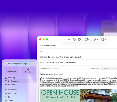MacBook Neo screen, using Apple Intelligence Writing Tools in Mail to draft an email that contains an invitation to an open house