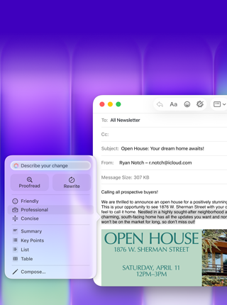 MacBook Neo screen, using Apple Intelligence Writing Tools in Mail to draft an email that contains an invitation to an open house
