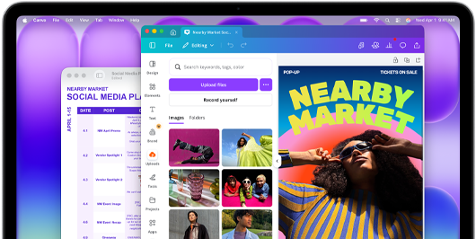 MacBook Neo display, showing a colorful social media plan on Preview and a vibrant flyer for a local market being designed on Canva, both look stunning on this brilliant display