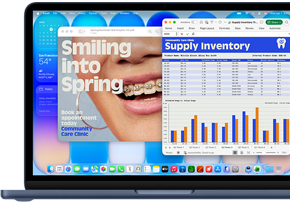 MacBook Neo screen, highlighting how macOS keeps your software current with automatic updates, an ad for an orthodontist is displayed on Preview and a Q3 cost analysis on Excel