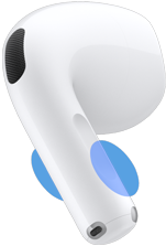 AirPods 5 earbud exterior, blue circles highlighting where to touch the stem for volume controls