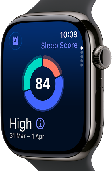 Up close Apple Watch Series 11 with a titanium slate case, showing sleep score on screen
