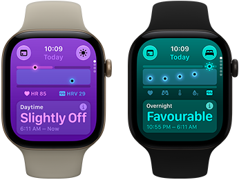 Two Apple Watch Series 12 devices: aluminum case, light gold color, Daytime Vitals Slightly Off, Digital Crown, sand Sport Band, aluminum case, black color, Overnight Vitals Favorable, Digital Crown, black Sport Band