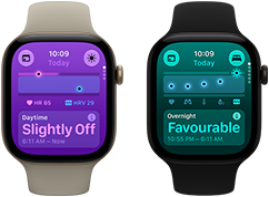 Two Apple Watch Series 12 devices: aluminum case, light gold color, Daytime Vitals Slightly Off, Digital Crown, sand Sport Band, aluminum case, black color, Overnight Vitals Favorable, Digital Crown, black Sport Band