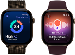 Apple Watch Series 12, aluminium case, dark bronze colour, sleep score circle graph, Digital Crown, Milanese Loop strap, dark bronze colour