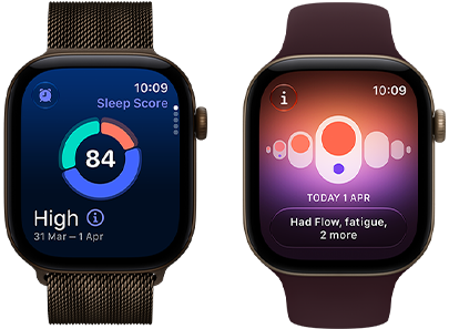 Apple Watch Series 12, aluminium case, dark bronze colour, sleep score circle graph, Digital Crown, Milanese Loop strap, dark bronze colour