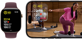 Apple Watch next to iPhone with Apple Fitness+ class on screen
