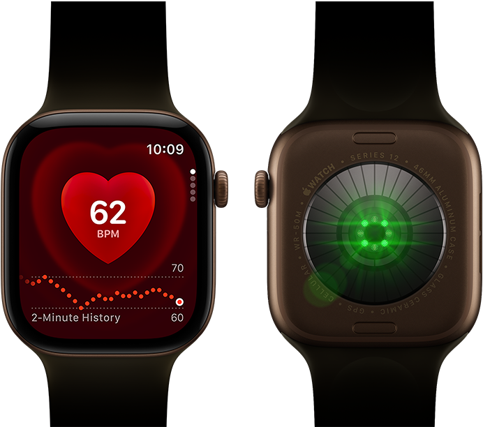 Two Apple Watch Series 12 devices, aluminum case, dark bronze color with olive Sport Band, one showing the Heart Rate app, the other with the Health Sensing System on the back of the watch, with glowing green LED lights
