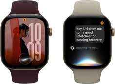 Three Apple Watch Series 12 devices, one with light gold aluminum case, Siri AI conversation, sand Sport Band, one with light gold aluminum case, personalized photo on watch face with Siri AI complication, burgundy Sport Band, and one with space gray aluminum case, Siri Recap, black Sport Band