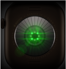 Back of Apple Watch Series 12, aluminum case, dark bronze color, multiple round sensors with glowing green LED lights, left side exterior, Digital Crown, Sport Band, olive color