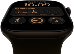 Apple Watch Series 12, aluminum case, dark bronze color, Modular watch face, complications: day and date, Workouts, Activity rings, Apple Music, right side exterior, Digital Crown, Sport Band, olive color