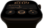 Apple Watch Series 12, aluminum case, dark bronze color, Modular watch face, complications: day and date, Workouts, Activity rings, Apple Music, right side exterior, Digital Crown, Sport Band, olive color