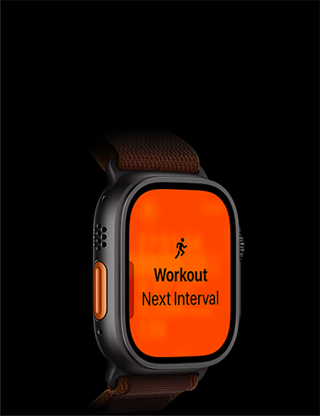 Apple Watch Ultra 4, titanium case, black color, Running workout, next interval, left side exterior, orange Action button, Alpine Loop band