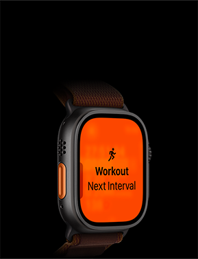 Apple Watch Ultra 4, titanium case, black color, Running workout, next interval, left side exterior, orange Action button, Alpine Loop band