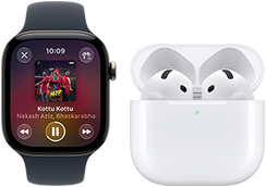 Apple Watch Series 12, Aluminium case, black color, black Sport Band, Apple Music app open, paired with AirPods 4