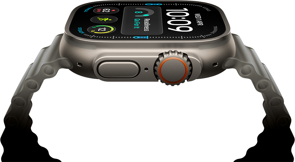 Apple Watch Ultra 4, titanium case, natural color, digital clock face, complications: readiness, heart rate, Workouts, temperature, right side exterior, Digital Crown, raised side button, Ocean Band, translucent gray color