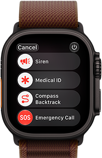 Apple Watch Ultra 4, titanium case, black color, satellite connection, right side exterior, Digital Crown, raised side button, Alpine Loop band, burgundy color
