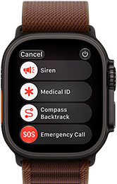 Apple Watch Ultra 4, titanium case, black color, satellite connection, right side exterior, Digital Crown, raised side button, Alpine Loop band, burgundy color