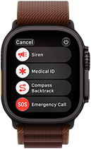 Apple Watch Ultra 4, titanium case, black color, satellite connection, right side exterior, Digital Crown, raised side button, Alpine Loop band, burgundy color