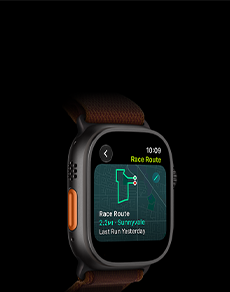 Apple Watch Ultra 4, titanium case, black color, Race Route feature with a map of a running route, left side exterior, Action button, Alpine Loop band, burgundy color