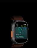 Apple Watch Ultra 4, titanium case, black color, Race Route feature with a map of a running route, left side exterior, Action button, Alpine Loop band, burgundy color