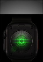 Back of Apple Watch Ultra 4, titanium case, black color, multiple round sensors with glowing green LED lights