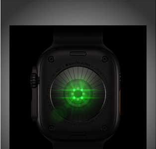 Back of Apple Watch Ultra 4, titanium case, black color, multiple round sensors with glowing green LED lights