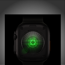 Back of Apple Watch Ultra 4, titanium case, black color, multiple round sensors with glowing green LED lights