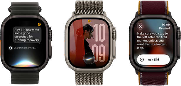 Three Apple Watch Ultra 4 devices, one with black titanium case, Siri AI conversation, translucent black Ocean Band, one with natural titanium case, personalized photo on watch face with Siri AI complication, natural titanium Milanese Loop band, and one with black titanium case, Siri Recap, burgundy Trail Loop band