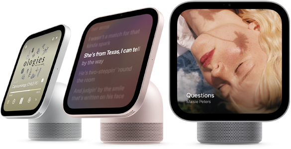 Apple HomeView, three devices all displaying Apple Music app album artwork and lyrics, from left to right, silver color, side exterior, rose pink color, side exterior, space gray color, front exterior