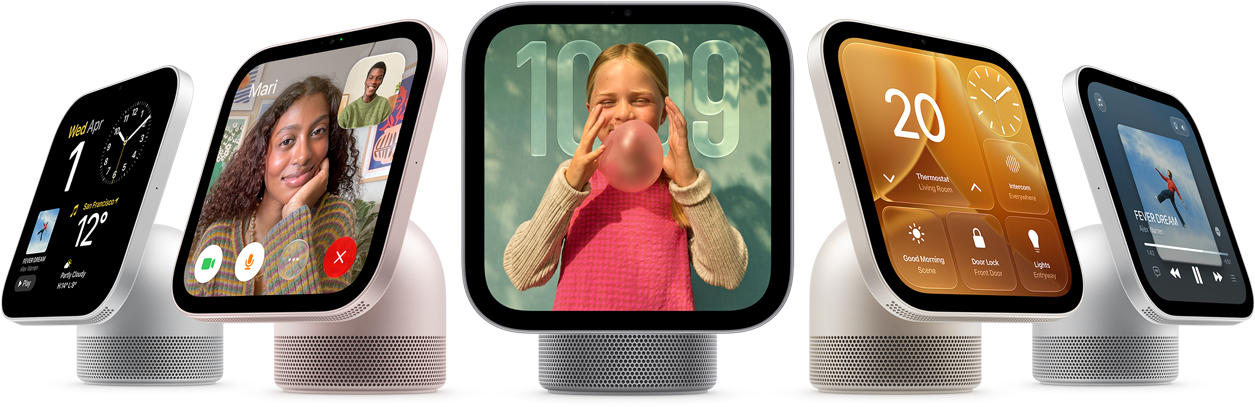 Apple HomeView, five devices in an arc, from left to right: silver color, side exterior, displaying various information and controls, rose pink color, side exterior, showing FaceTime call with two people, space gray color, front exterior, semi-transparent time of day displayed on an image of a person blowing a bubble, starlight color (pale gold), side exterior, displaying the temperature and various home controls, silver color, side exterior, showing Apple Music app