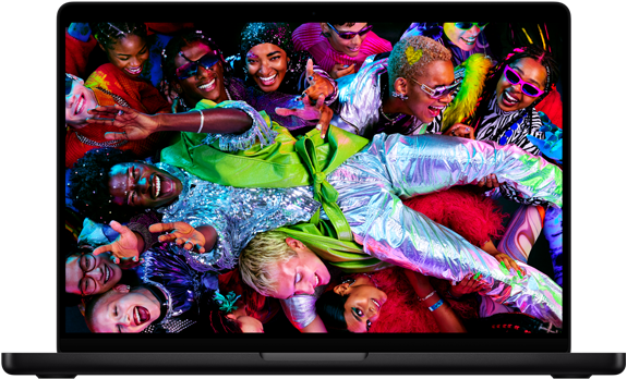 Colorful screen on a MacBook Pro of a person crowd-surfing at a party, showcasing the vibrant Liquid Retina XDR display