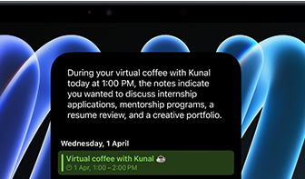 iPad mini, front view, displaying a notification about an upcoming meeting using the Siri AI summarize feature