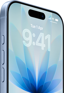 iPhone 17, exterior front, Blue Mist color, Dynamic island centered, buttons: action button, volume