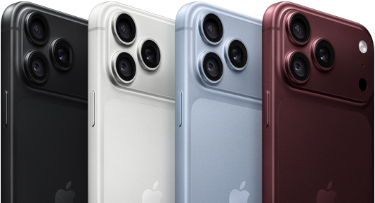 iPhone 18 Pro devices in a row, back exterior, all four colors: Black, Glacier, Silver, Burgundy, Pro Fusion camera system in top left corner, 3 lenses, microphone, flash