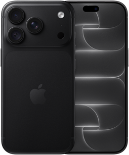 iPhone 18 Pro, back exterior, black color, Pro Fusion camera system at top, Apple logo in center, front exterior, all-screen design