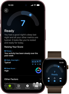 iPhone 18 Pro, black, front exterior, displaying the results of the Readiness status (score of 7), paired with Apple Watch, front facing, brown, displaying the same Readiness score of 7