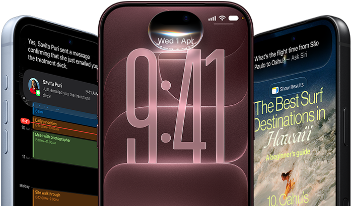 3 iPhone 18 Pro devices in Glacier, Burgundy, and Black, front exterior, screens show Siri AI integration in lock screen, Message Summary, and Ask Siri
