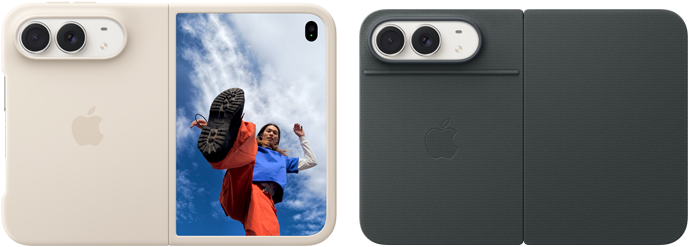 iPhone Duo, Star White color in Sand Silicone Case, landscape orientation, fully opened horizontally, Dual Fusion cameras on the top left, case covers the back exterior and outer edge of the front display, right side features portrait of person on outer display. iPhone Duo, Star White color, fully opened horizontally, Navy Blue Folio with Kickstand, fully opened horizontally, back exterior featuring the 48MP Dual Fusion rear cameras, two lenses
