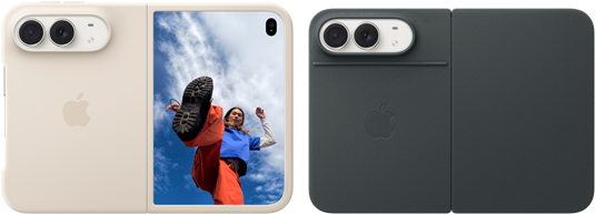 iPhone Duo, Star White color in Sand Silicone Case, landscape orientation, fully opened horizontally, Dual Fusion cameras on the top left, case covers the back exterior and outer edge of the front display, right side features portrait of person on outer display. iPhone Duo, Star White color, fully opened horizontally, Navy Blue Folio with Kickstand, fully opened horizontally, back exterior featuring the 48MP Dual Fusion rear cameras, two lenses