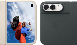 iPhone Duo, Star White color in Sand Silicone Case, landscape orientation, fully opened horizontally, Dual Fusion cameras on the top left, case covers the back exterior and outer edge of the front display, right side features portrait of person on outer display. iPhone Duo, Star White color, fully opened horizontally, Navy Blue Folio with Kickstand, fully opened horizontally, back exterior featuring the 48MP Dual Fusion rear cameras, two lenses