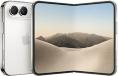 iPhone Duo, folded back exterior, Star White color, Dual Fusion camera system at top left, Apple logo in center. Unfolded interior display, all-screen design, rounded corners