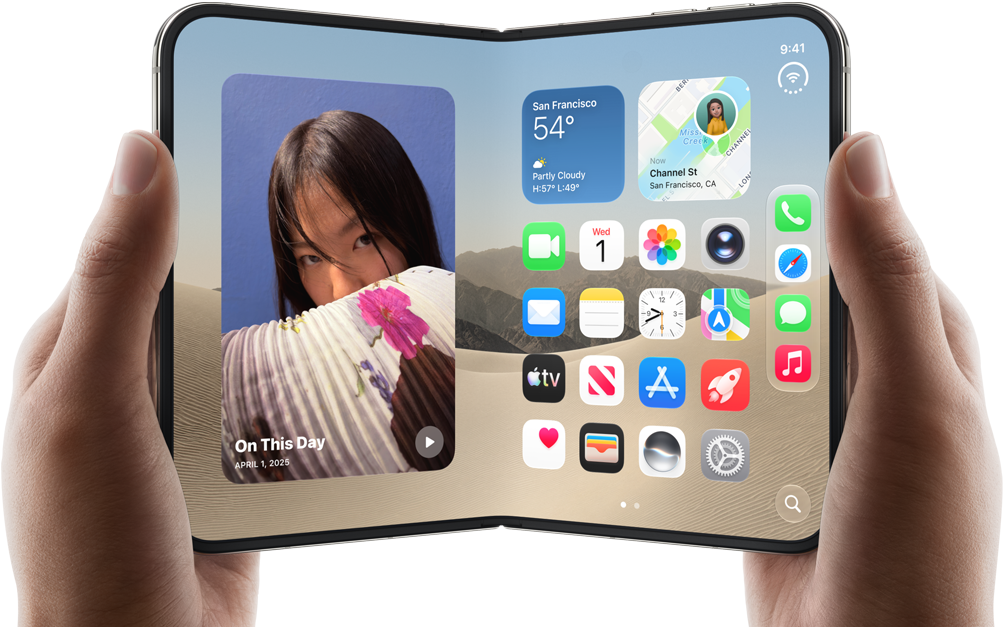 iPhone Duo, Star White color, held by two hands in landscape orientation, unfolded, interior screen displays photos on the left, apps on the right