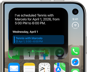 iPhone Duo, folded, outer display shows Siri AI notification indicating a calendar update