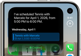 iPhone Duo, folded, outer display shows Siri AI notification indicating a calendar update