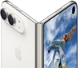 iPhone Duo, partially open like a book with hinge mechanism in the center, exterior back panel on the left features an Apple logo and dual-camera, outer display on the right shows a portrait photo of a person with blonde hair