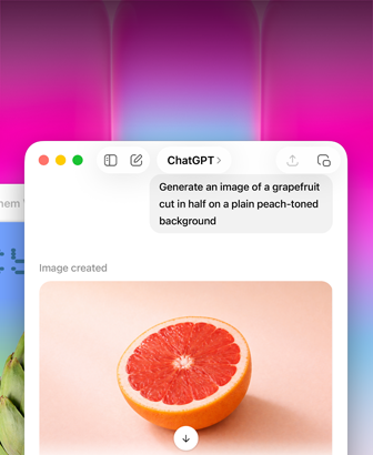 MacBook Neo screen, using ChatGPT to generate image of grapefruit, second window shows image of artichoke on gradient background in Keynote