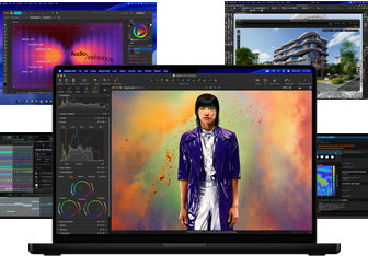 A variety of colorful screen content from music production, graphic design, 3D animation, and photo editing apps on Mac, demonstrating powerful graphics performance